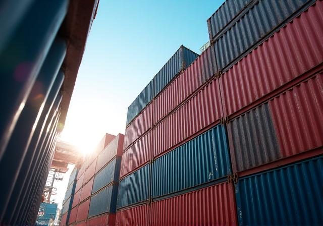 Intermodal containers at a transit hub